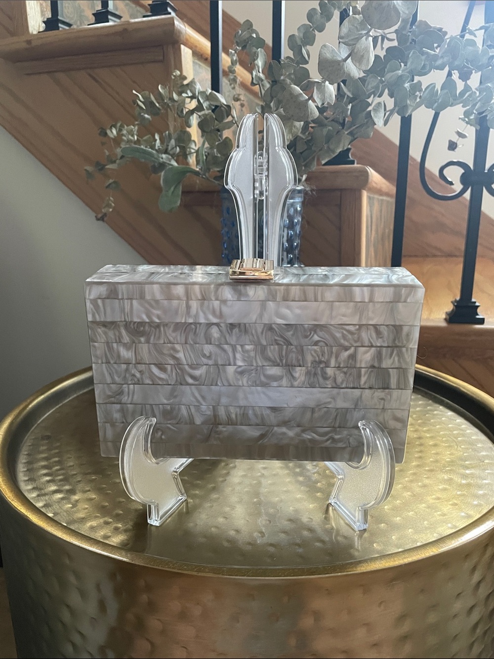 Hard Shell Like Clutch Detachable Pearl Chain Options Evening Bag Crossbody